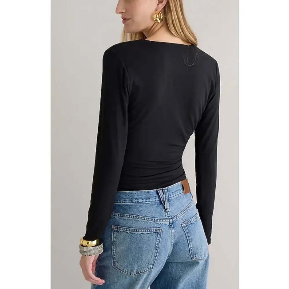 J. Crew Form Knit Long Sleeve Wrap Top Black with Plaid‎ Waist Tie XS Holiday